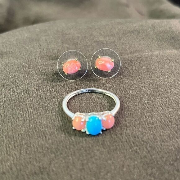 Peach Opal And Sleeping Beauty Turquoise Ring 7 And Earring Set - Picture 1 of 16